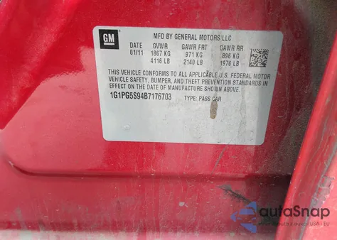 2011 Chevrolet Cruze 2Lt z USA, uszkodzony, nr VIN 1G1PG5S94B7176703